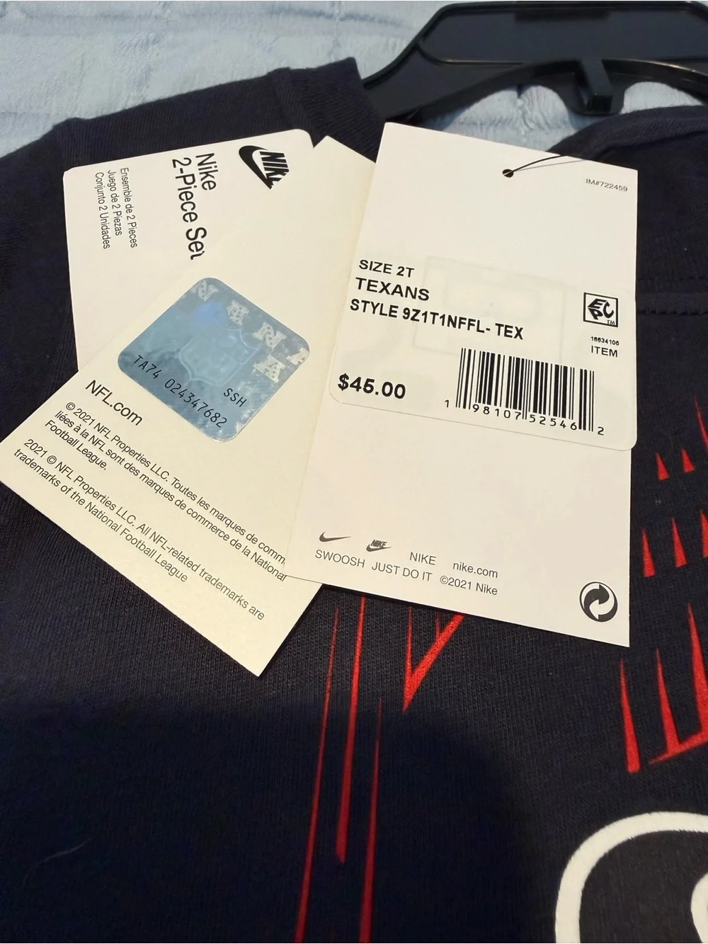 Nike Kids Houston Texans Navy and Red Tee with Matching Shorts NWT 2t